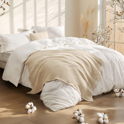 5 Pieces King Comforter Set with Cotton Waffle Throw Blanket